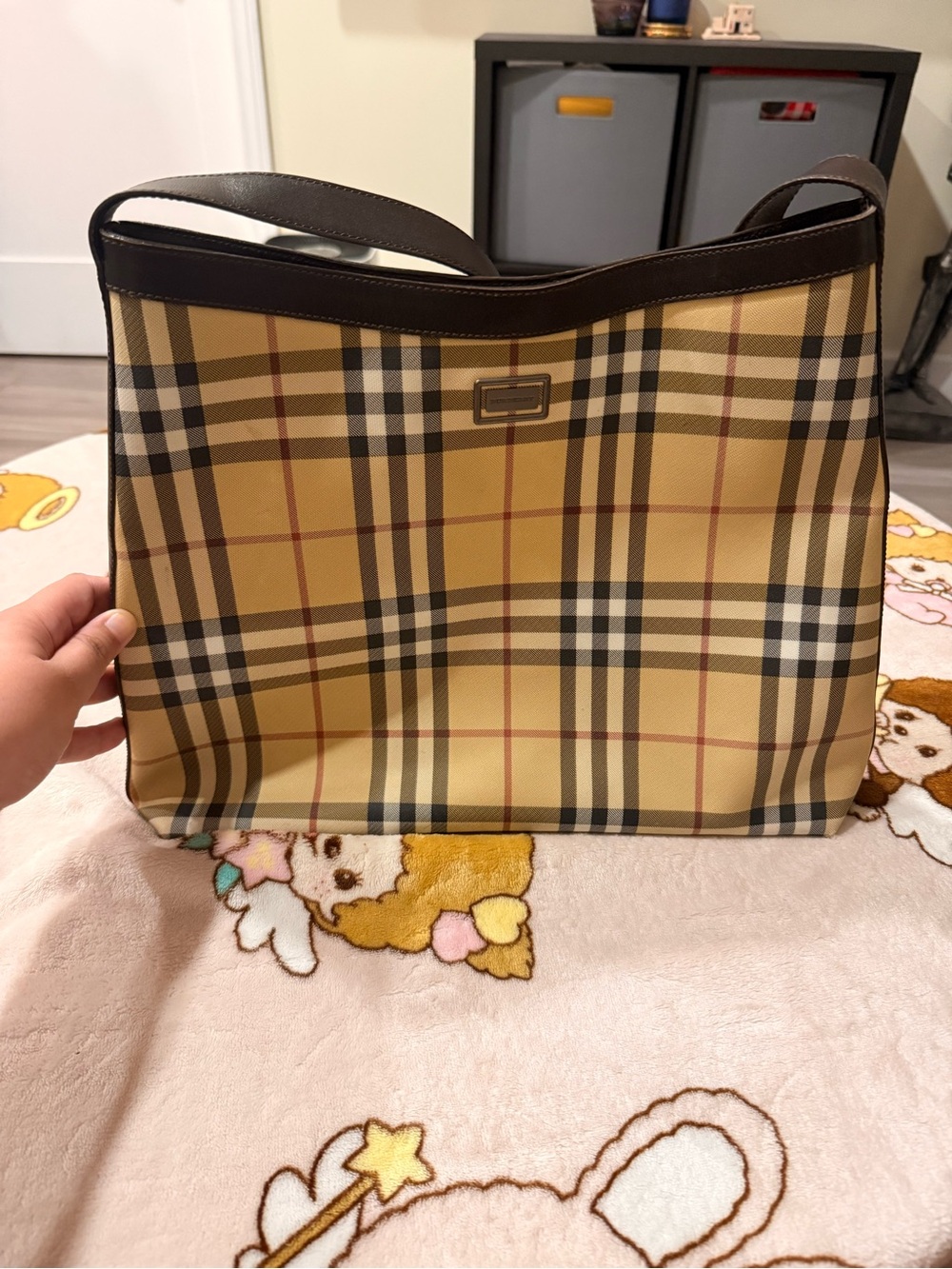 Burberry Beige Plaid Shoulder Tote with Brown Trim